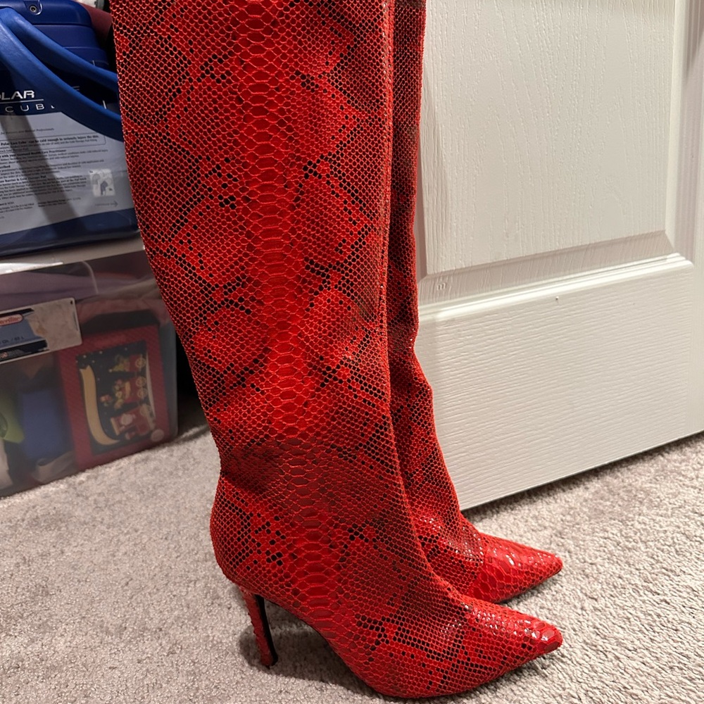 INC Rajel Faux Leather knee-high red snakeskin boots 9.5
